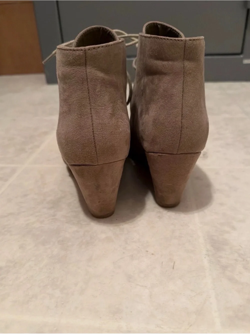new directions Taupe Suede Lace-Up Ankle Wedge Booties